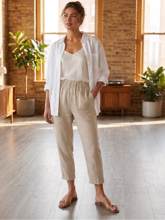 Quince Pants - Quince 100% European Linen Cropped Pants Small Flax Elastic Waist